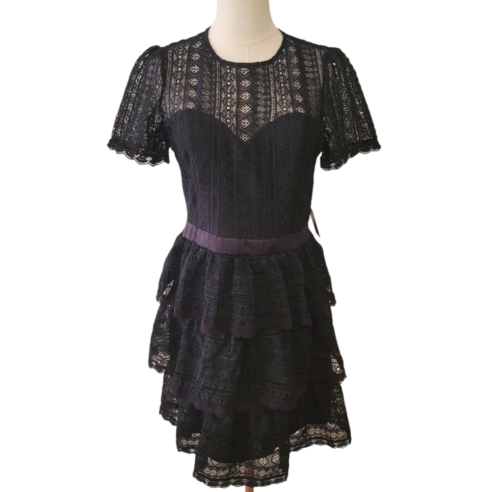 NWT Express Black Lace Layered Mini Dress Size Medium - Picture 2 of 6